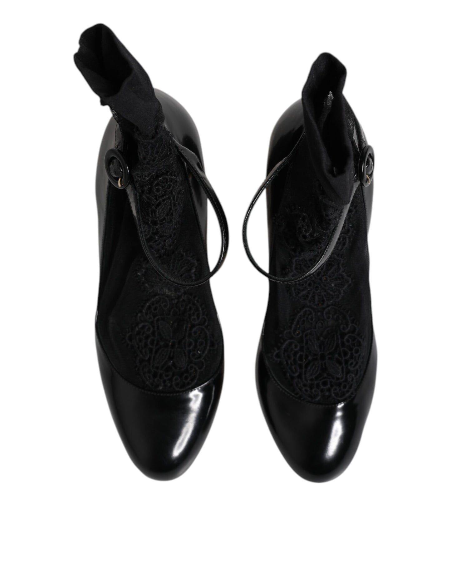 Black Leather Lace Socks Heels Pumps Shoes