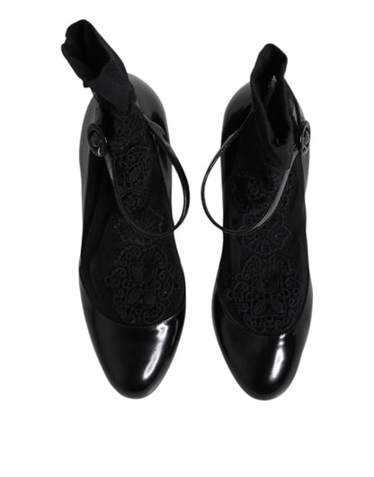 Black Leather Lace Socks Heels Pumps Shoes