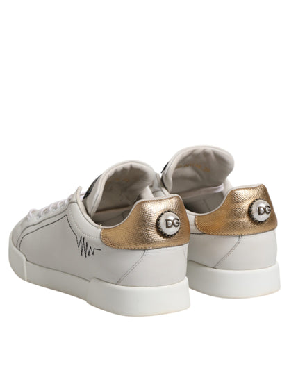 White Gold Leather Low Top Sneakers Shoes
