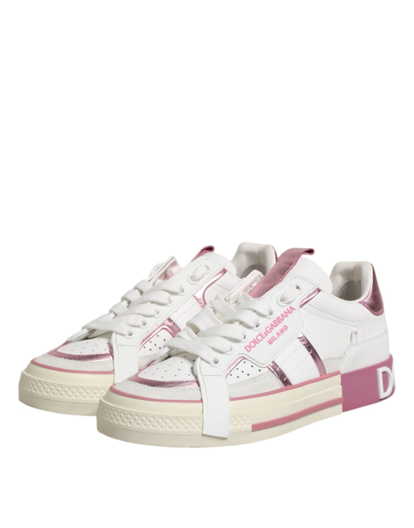 White Pink Leather Low Top Sneakers Shoes