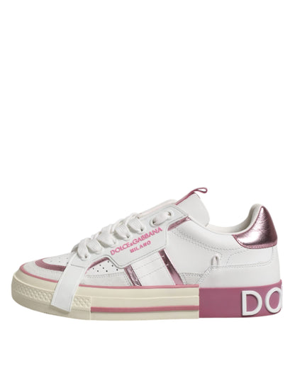 White Pink Leather Low Top Sneakers Shoes