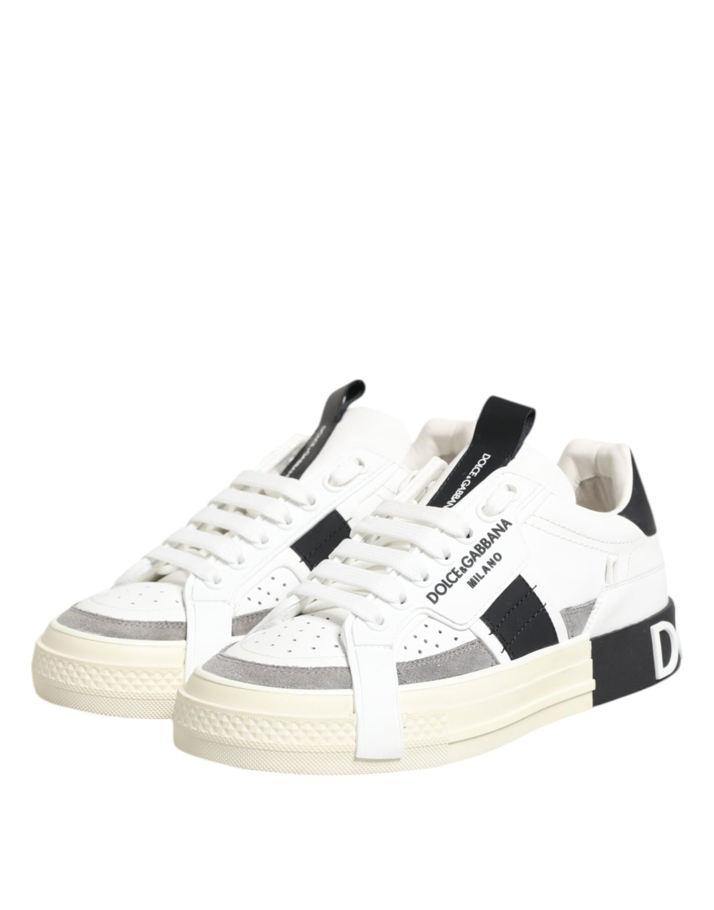 White Black Leather Low Top Sneakers Shoes