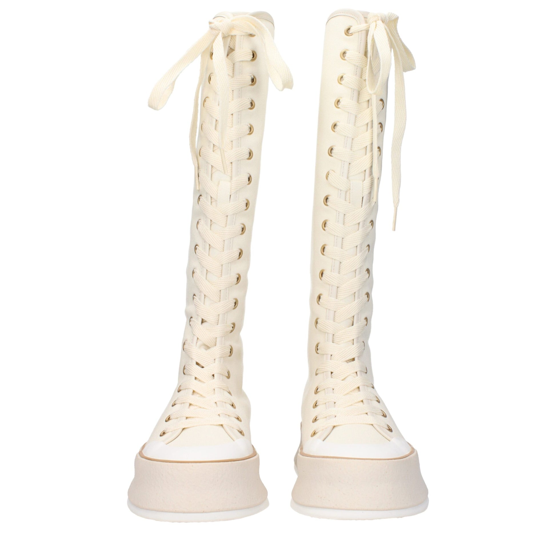 Beige Fabric Lace-Up Boots