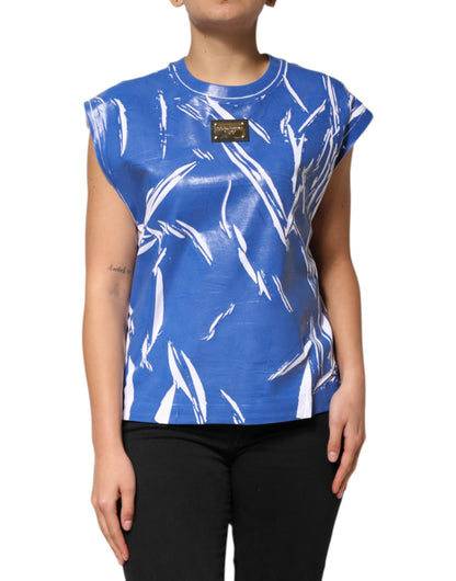 Blue White Cotton Logo Plaque Women Tank Top