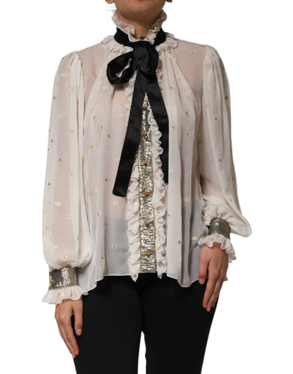 White Black Silk Long Sleeve Ascot Collar Top