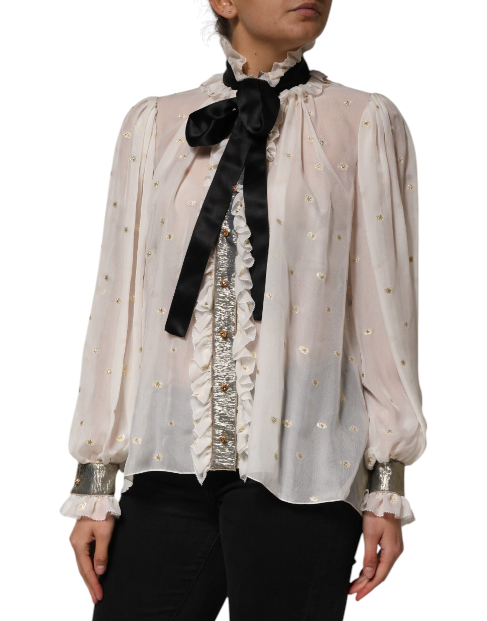 White Black Silk Long Sleeve Ascot Collar Top