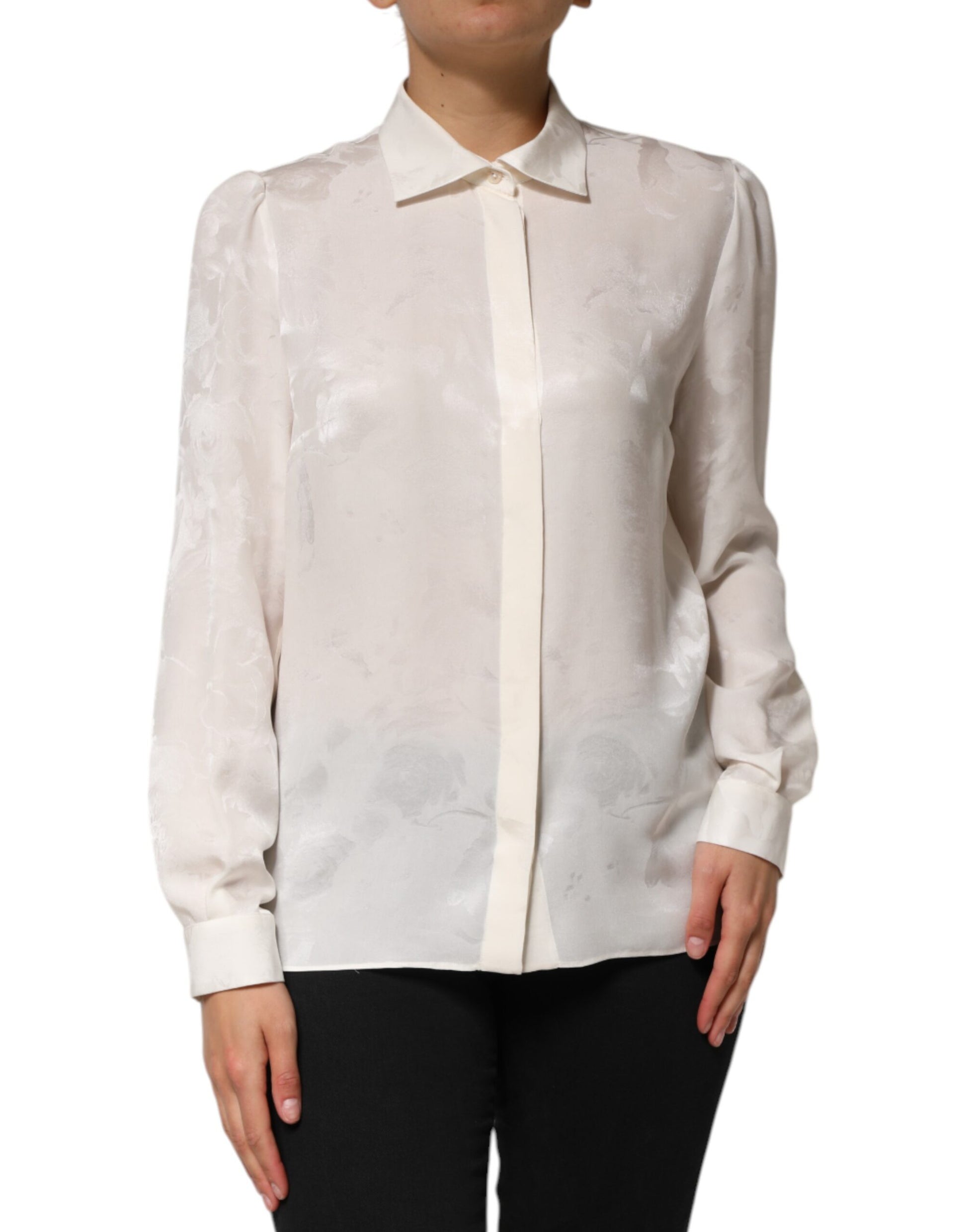 White Silk Long Sleeves Collared Shirt Top