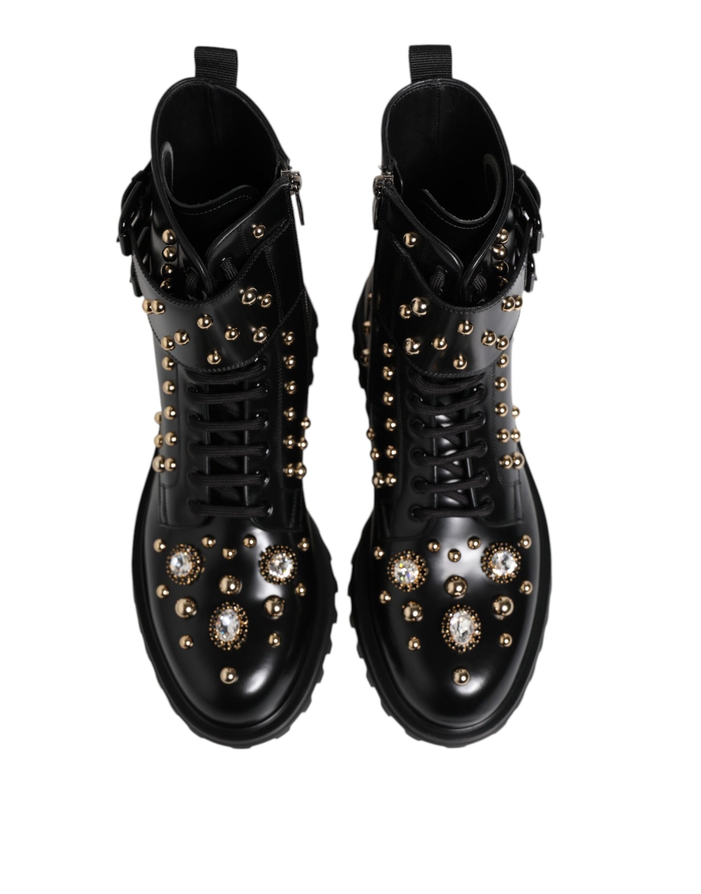 Black Studded Lace Up Mid Calf Boots Shoes