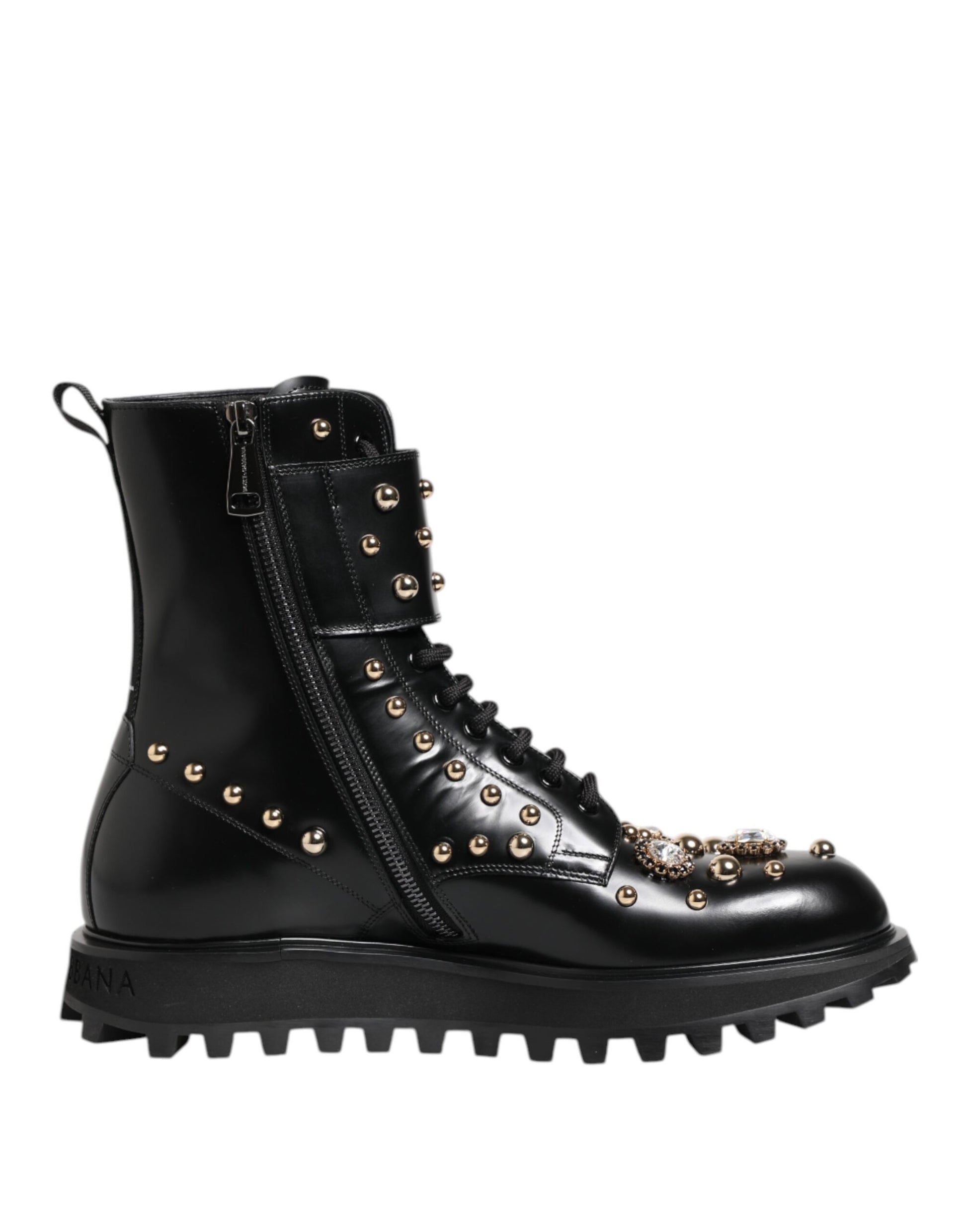 Black Studded Lace Up Mid Calf Boots Shoes