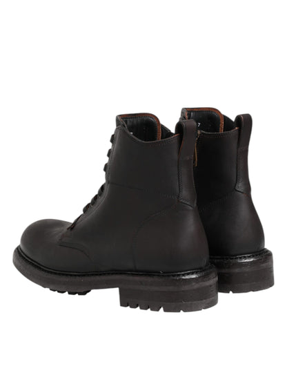 Dark Brown Leather Lace Up Mid Calf Boots Shoes