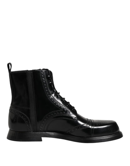 Black Leather Lace Up Mid Calf Boots Shoes