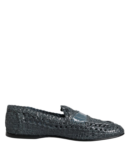 Blue Woven Raffia Slip On Loafers Shoes