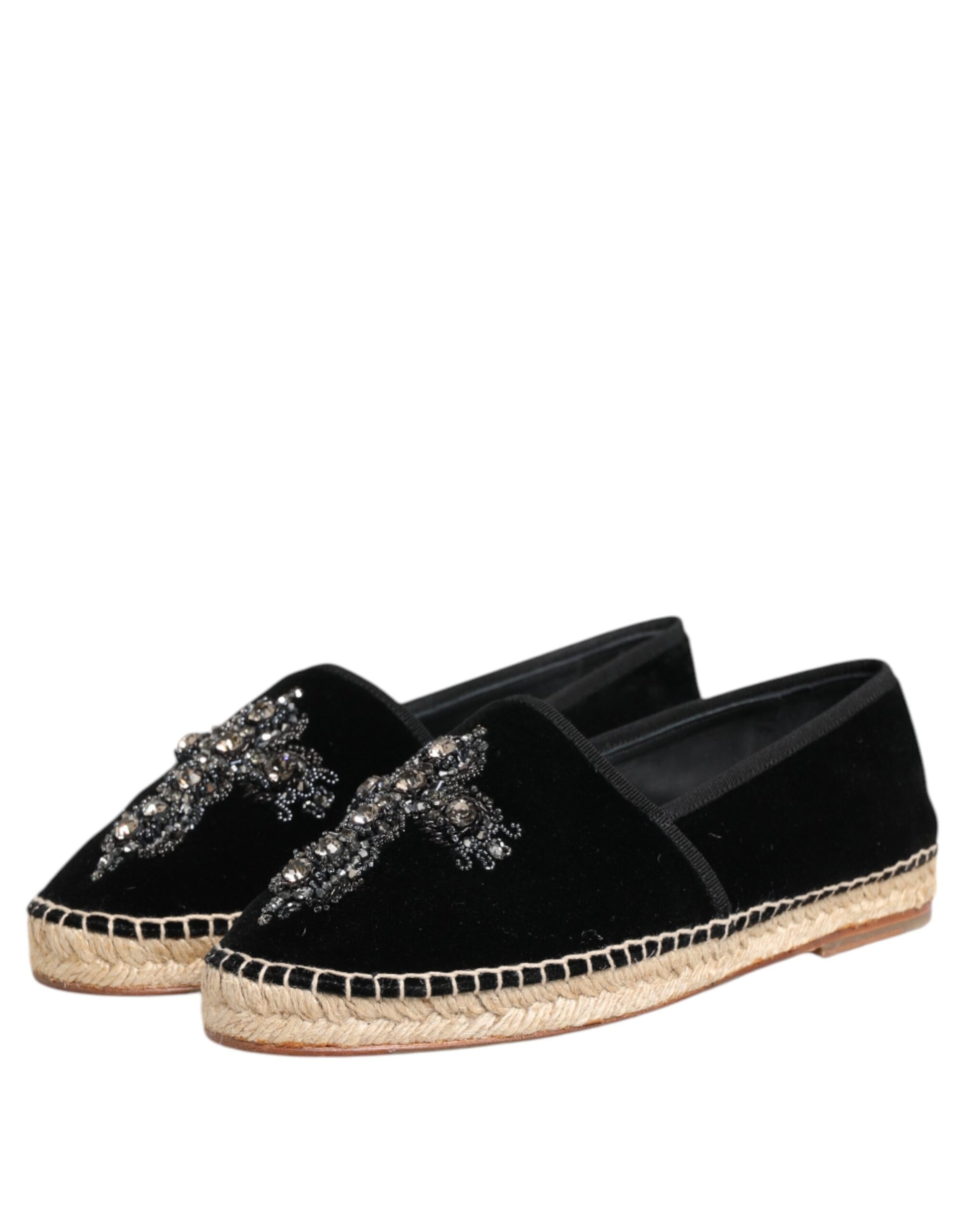 Black Cross Crystal Slip On Espadrille Shoes