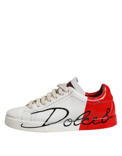 White Red Leather Logo Low Top Sneakers Shoes