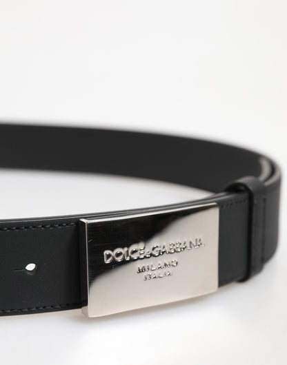 Black Leather Classic Metal Logo Buckle Belt