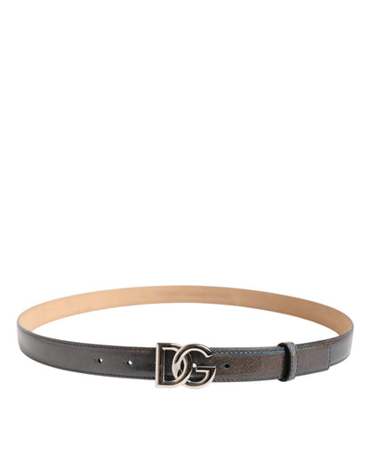 Metallic Leather Silver Tone Logo Buckle Belt