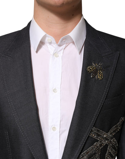 Dark Gray Bee Embroidery Wool Coat Blazer