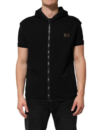 Black Sleeveless Hooded Logo Plaque Jacket