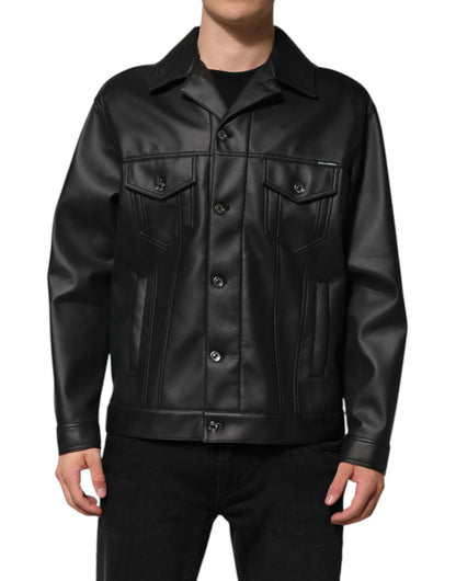 Black Polyester Button Down Biker Jacket