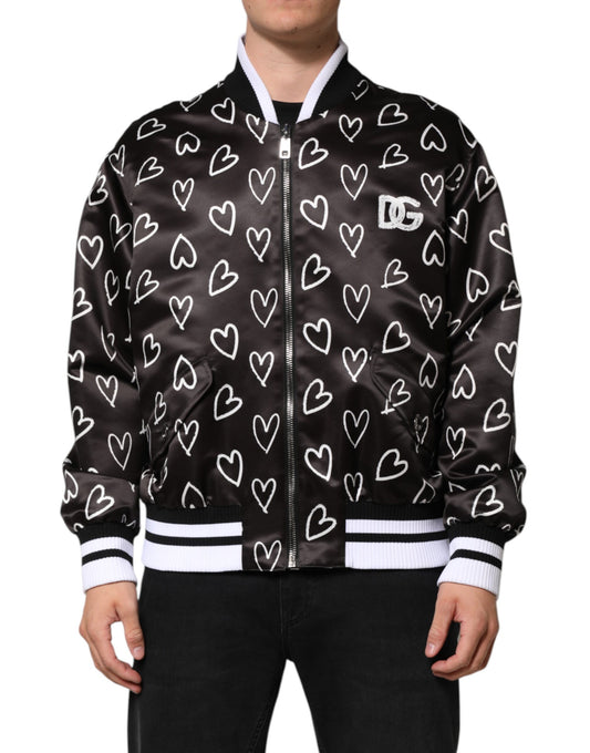 Black Polyester Heart Print Bomber Jacket