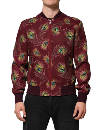 Maroon Peacock Feather Print Bomber Jacket