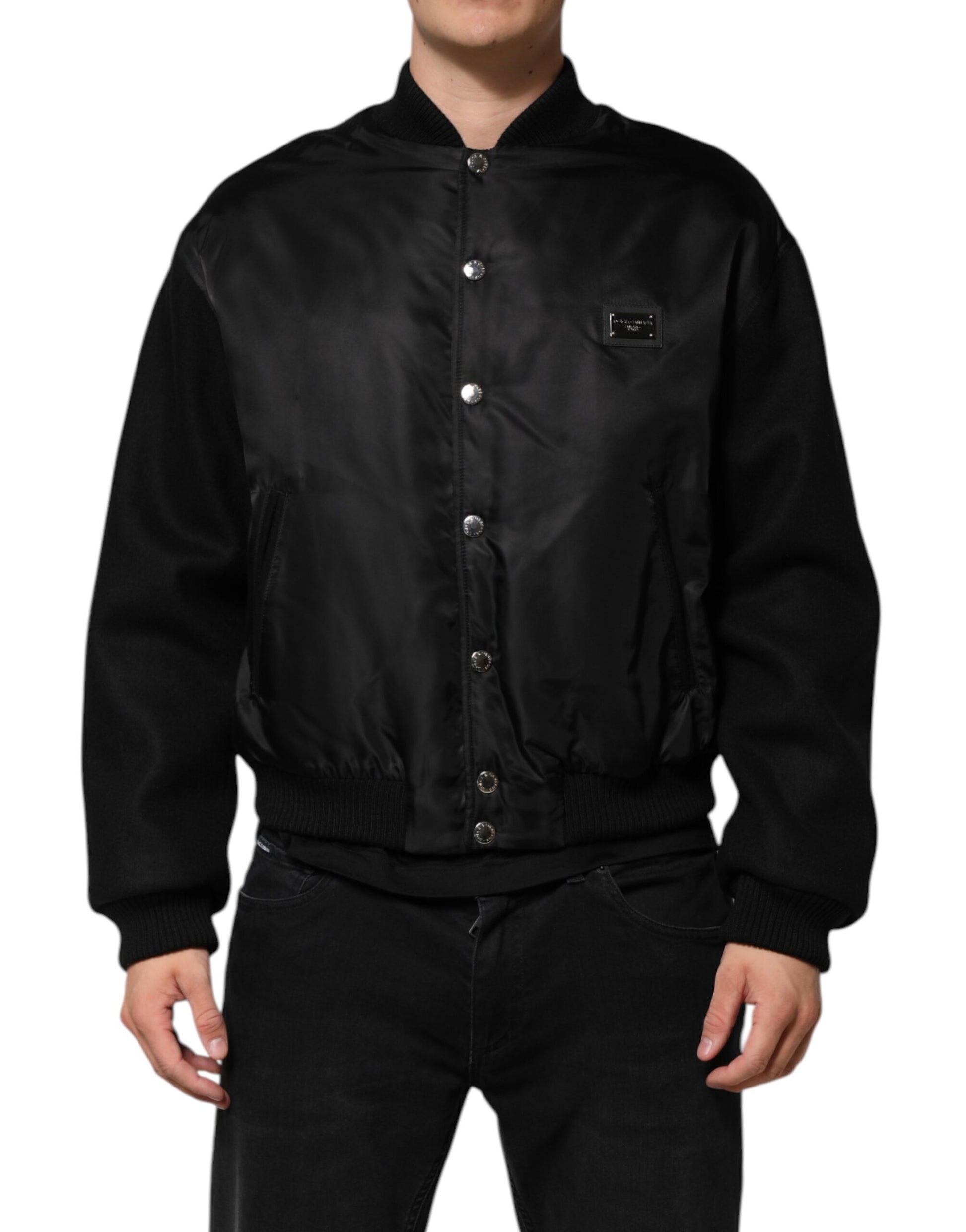 Black Polyester Logo Plaque Bomber Jacket