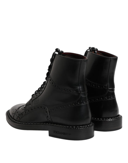 Black Leather Lace Up Mid Calf Boots Shoes