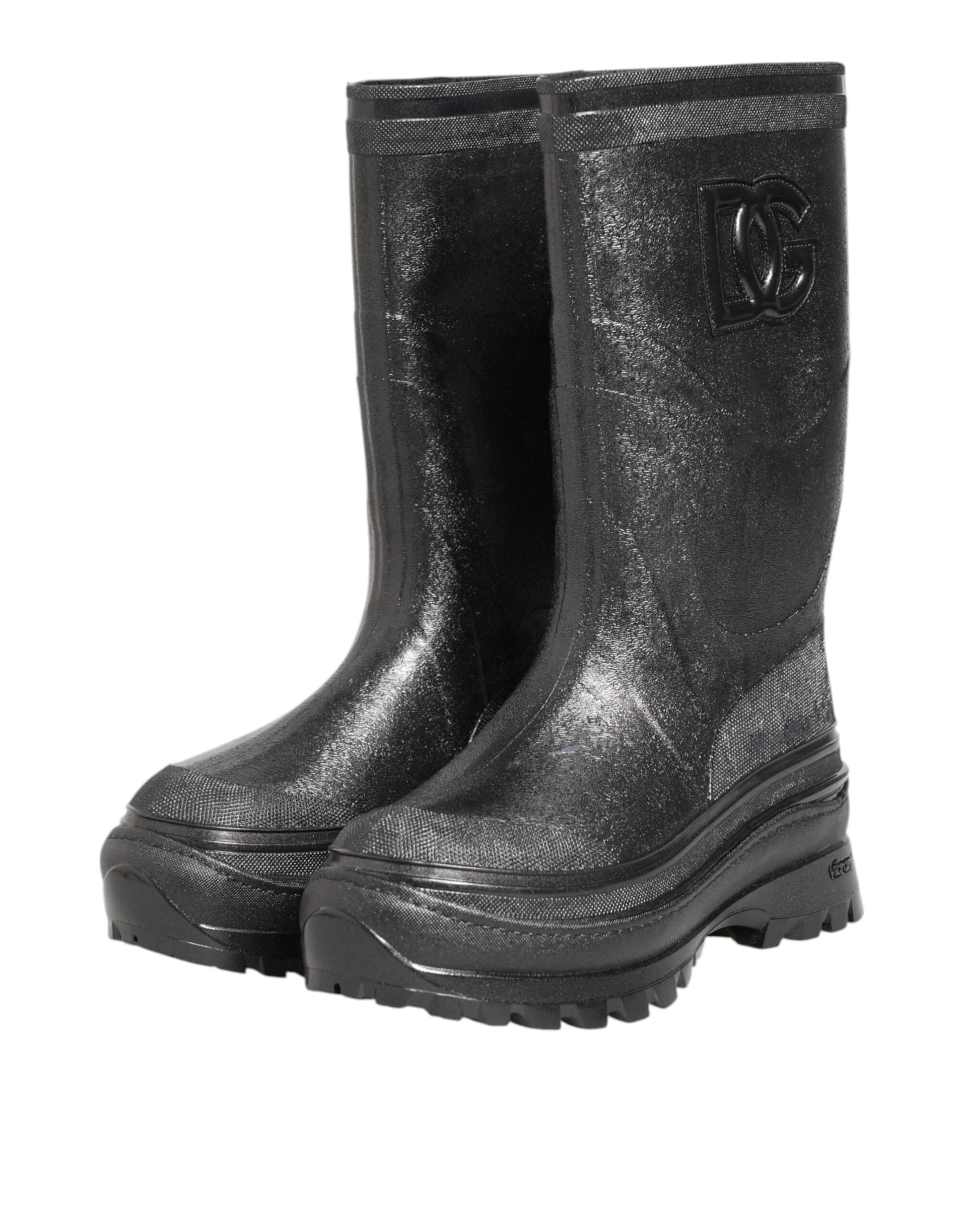 Metallic Black Pull On Rain Boots Shoes