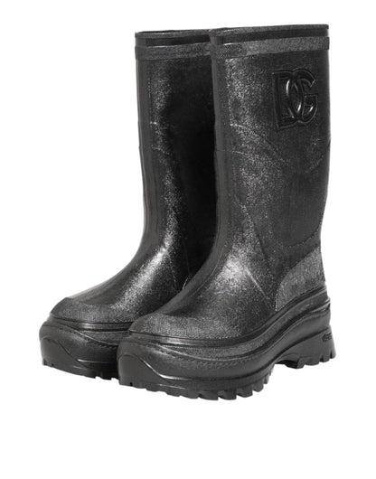 Metallic Black Pull On Rain Boots Shoes