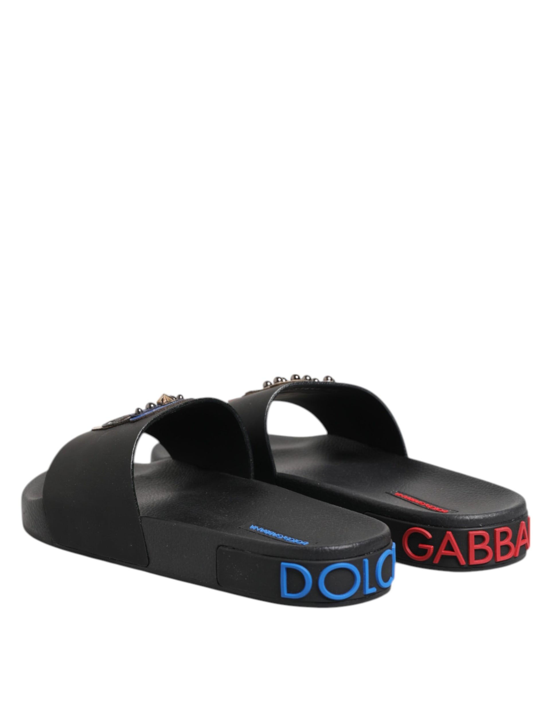 Black Leather Slides Flats Beachwear Shoes