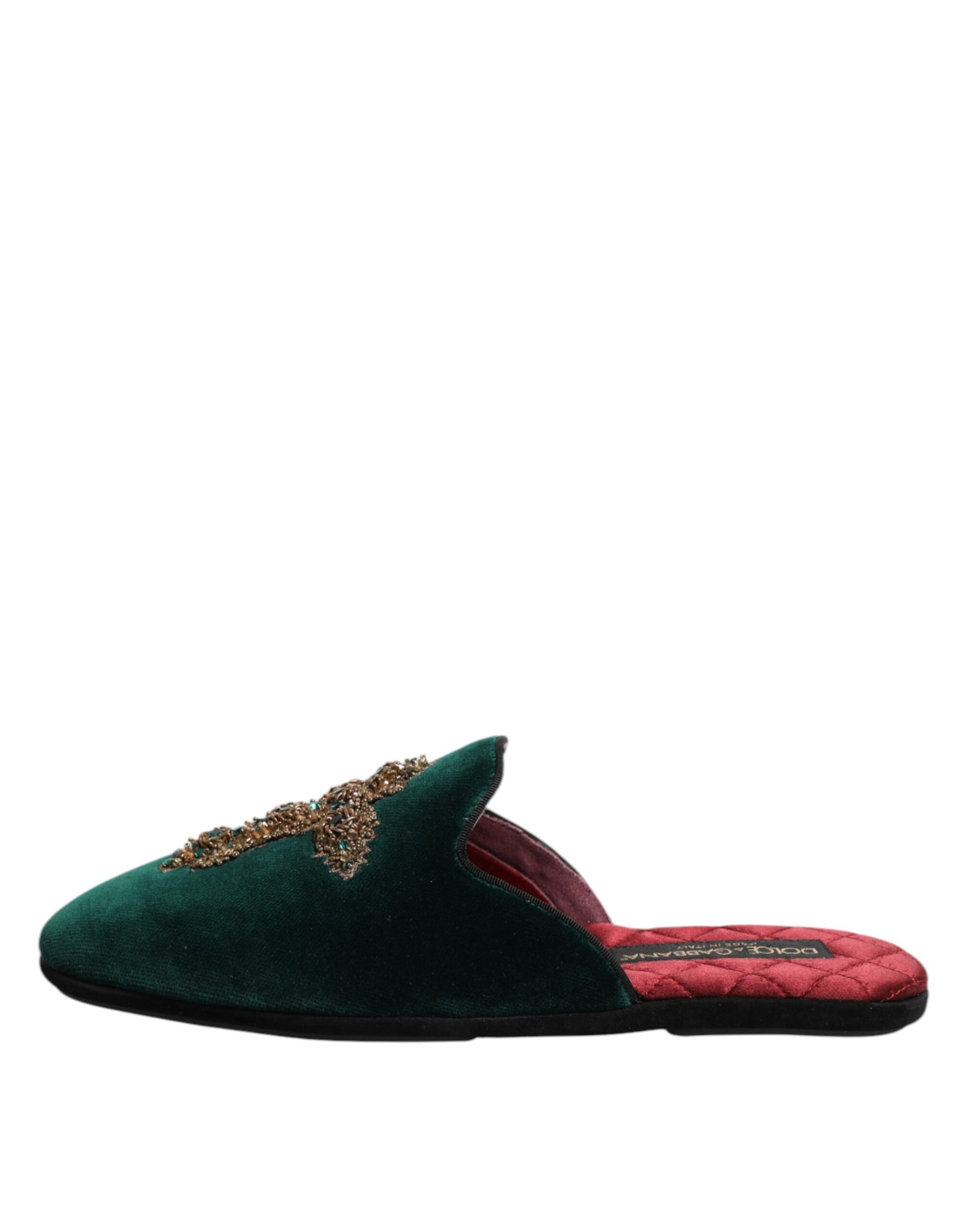 Green Velvet Cross Embellished Slippers Shoes