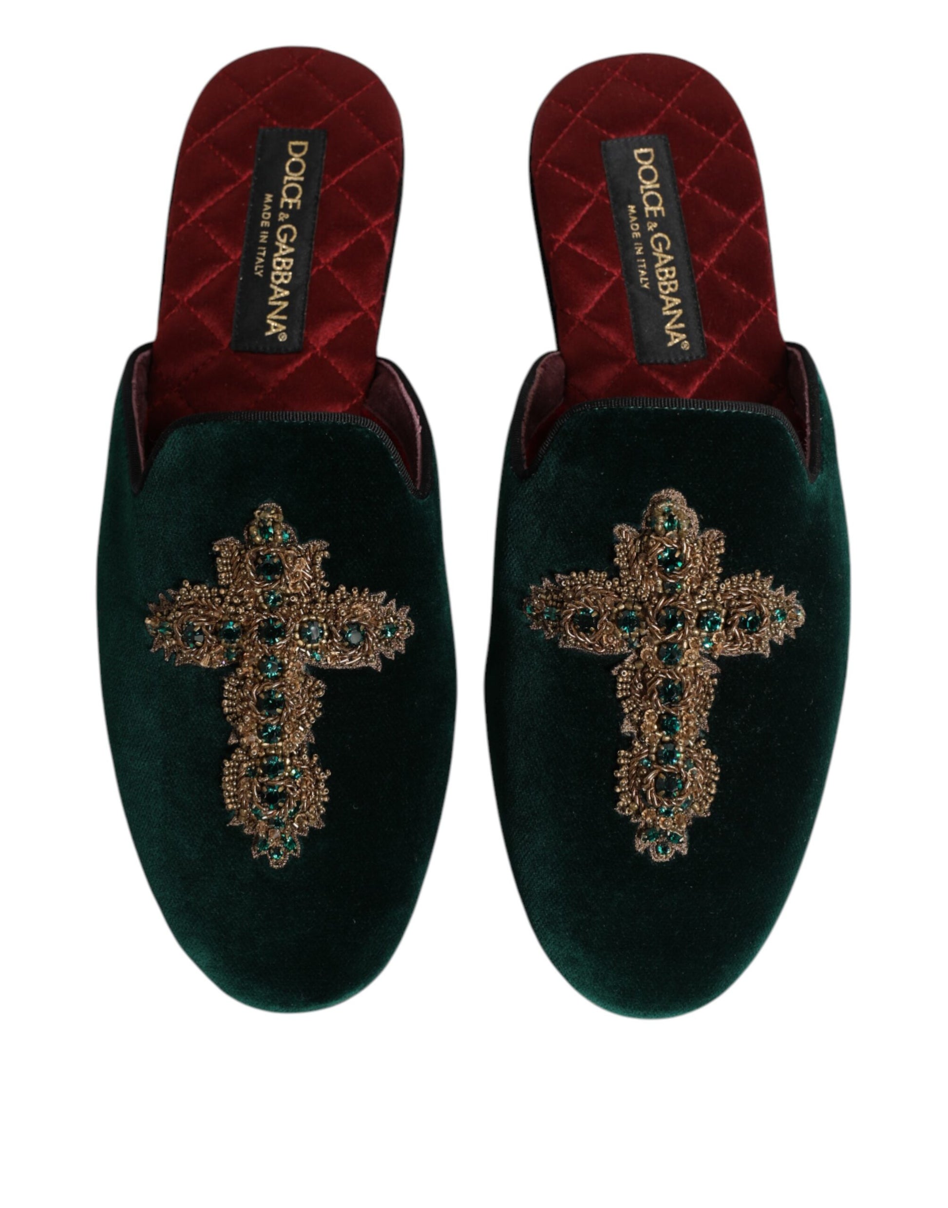 Green Velvet Cross Embellished Slippers Shoes