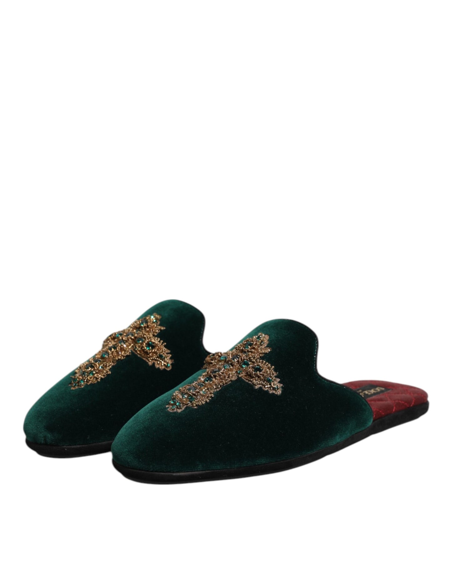 Green Velvet Cross Embellished Slippers Shoes