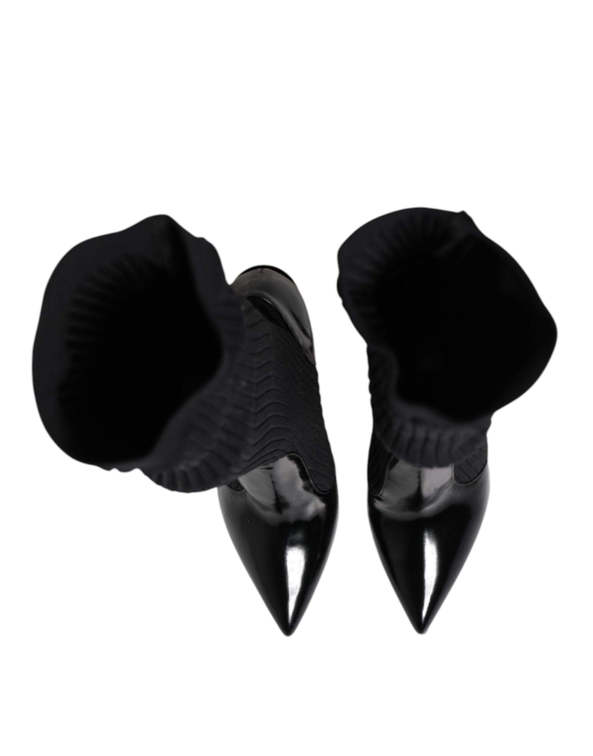 Black Leather Ribbed Knit Knee Boots Shoes