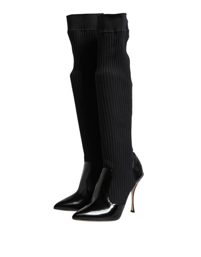Black Leather Ribbed Knit Knee Boots Shoes