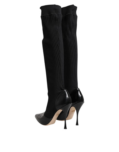 Black Leather Ribbed Knit Knee Boots Shoes