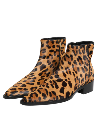 Brown Leopard Calf Fur Ankle Boots Shoes