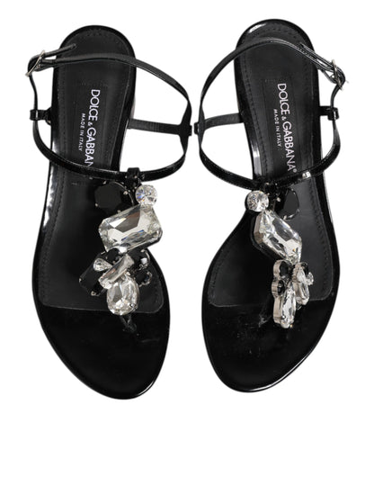 Black Leather Crystal Ankle Strap Sandals Shoes