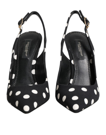 Black White Dotted Stiletto Slingback Shoes