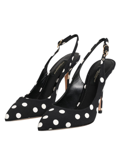Black White Dotted Stiletto Slingback Shoes