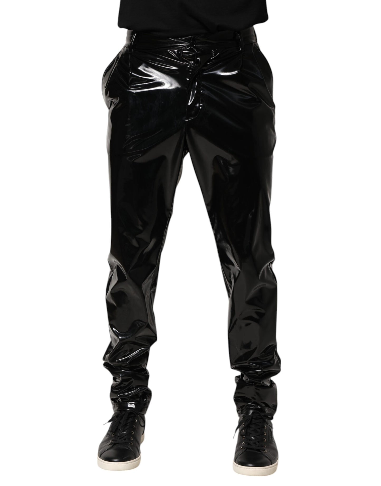 Black Polyester Mid Waist Men Trouser Pants