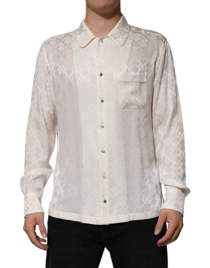White Silk DG Logo Print Long Sleeves Shirt