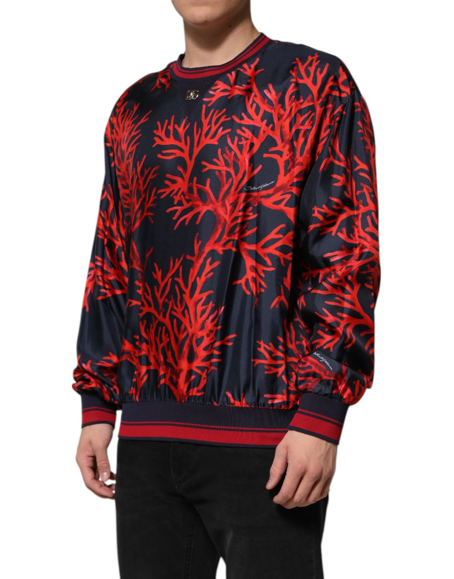 Navy Red Silk Coral Print Pullover Sweater