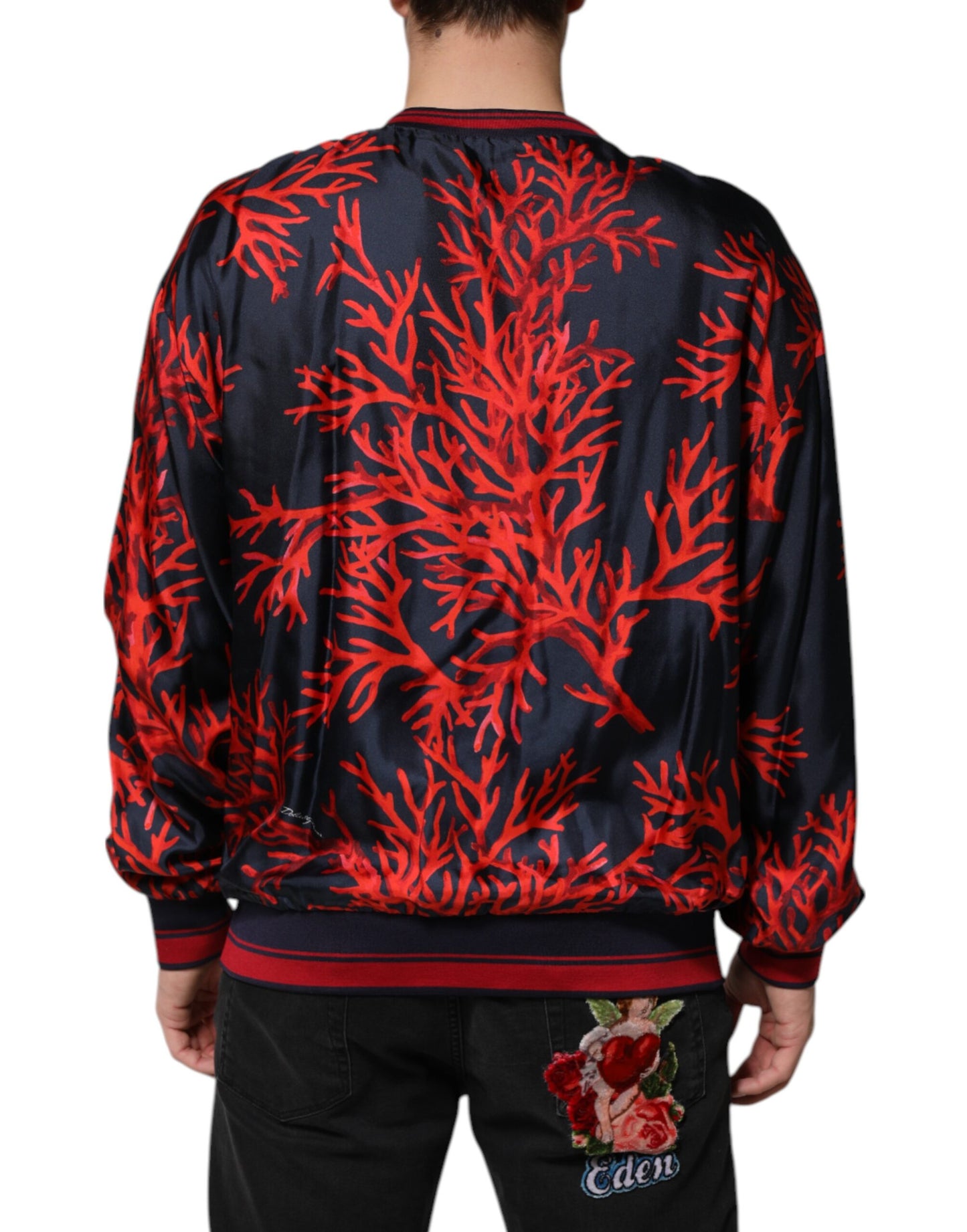 Navy Red Silk Coral Print Pullover Sweater