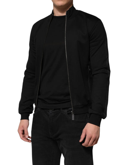 Black Cotton Logo Full Zip Men Bomber Jacket