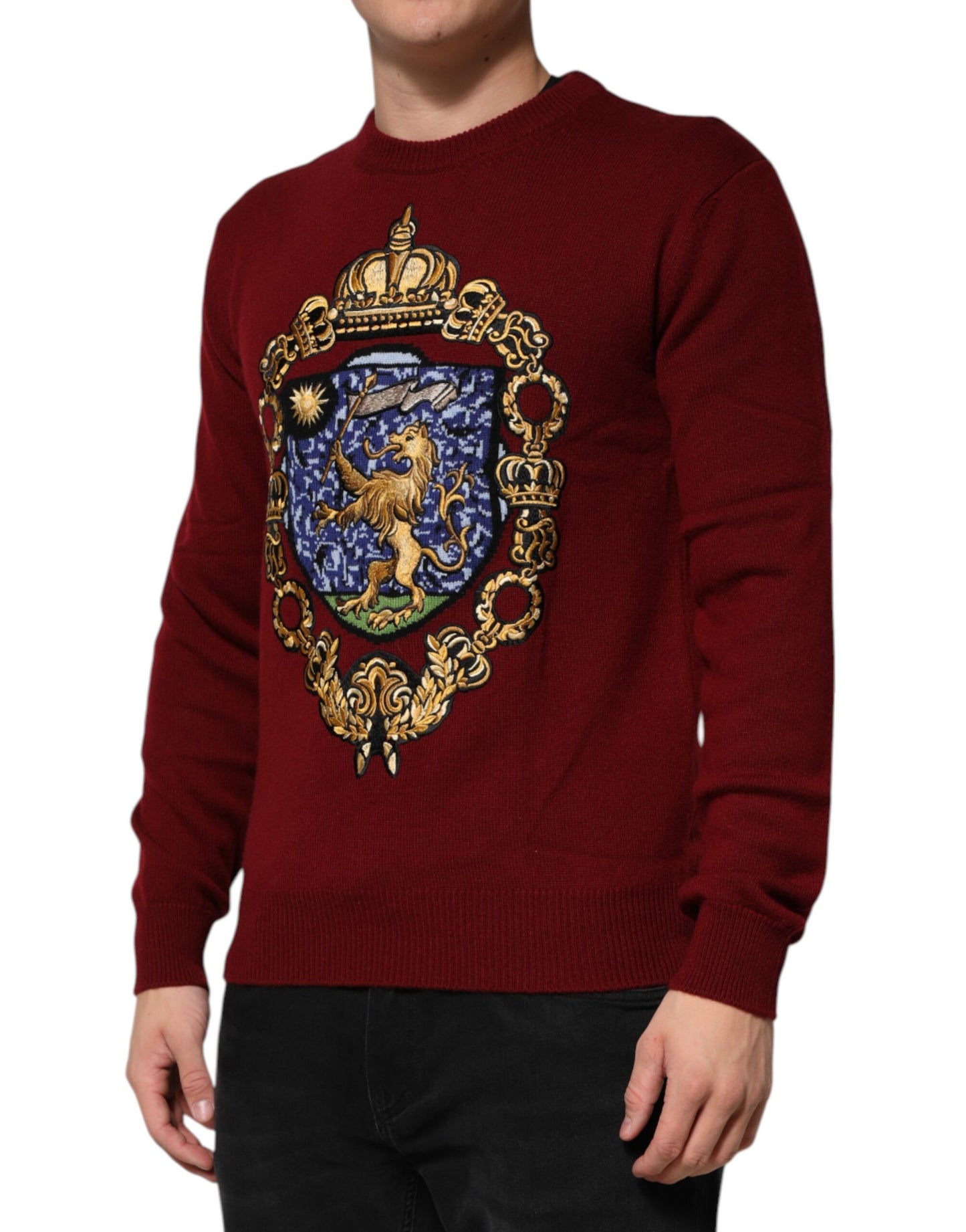Burgundy Cashmere Lion Crest Pullover Sweater