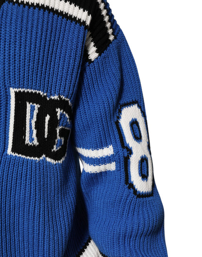 Blue Cotton Logo Patch Ribbed Knit Cardigan Sweater