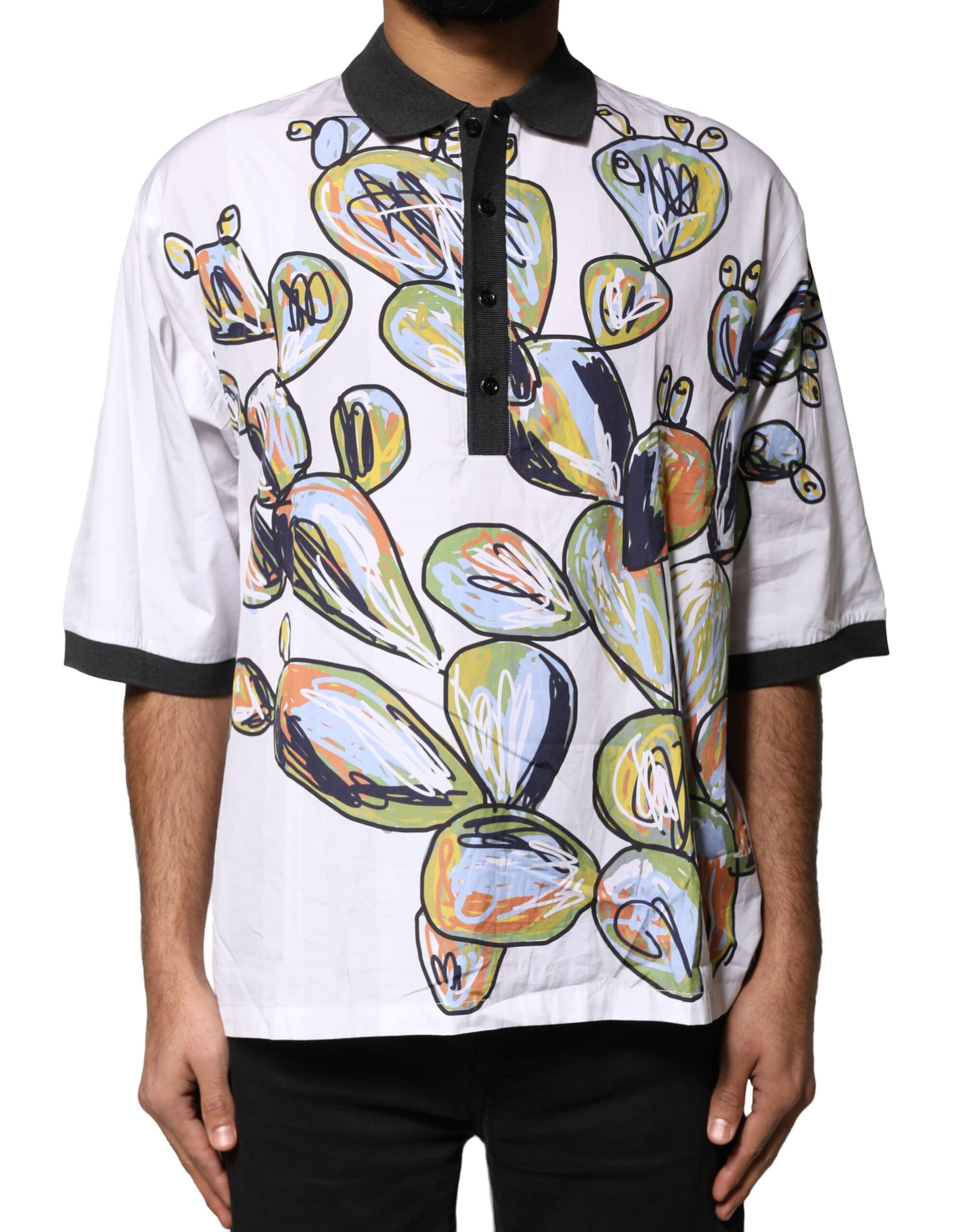 White Sketch Print Oversized Mens Polo T-shirt
