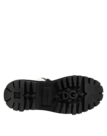 Black White Padded Mid Calf Lace Up Boots Shoes