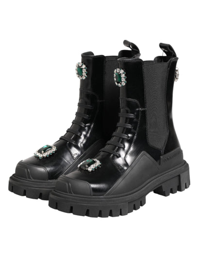 Black Crystal Embellished Combat Boots Shoes